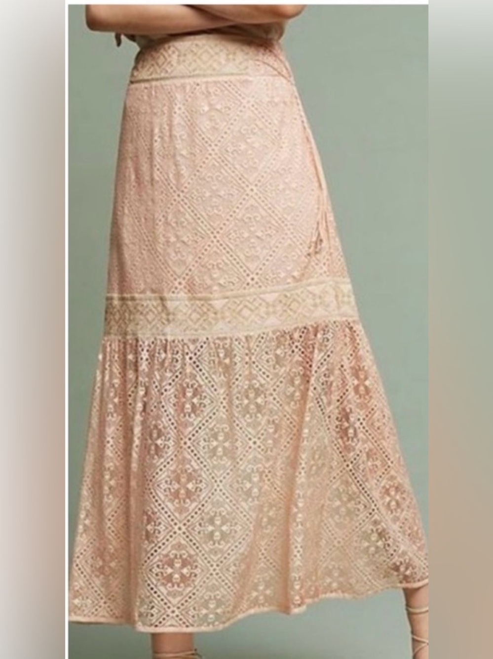 Anthropologie Embroidered Tiered Maxi Skirt in Blush coral